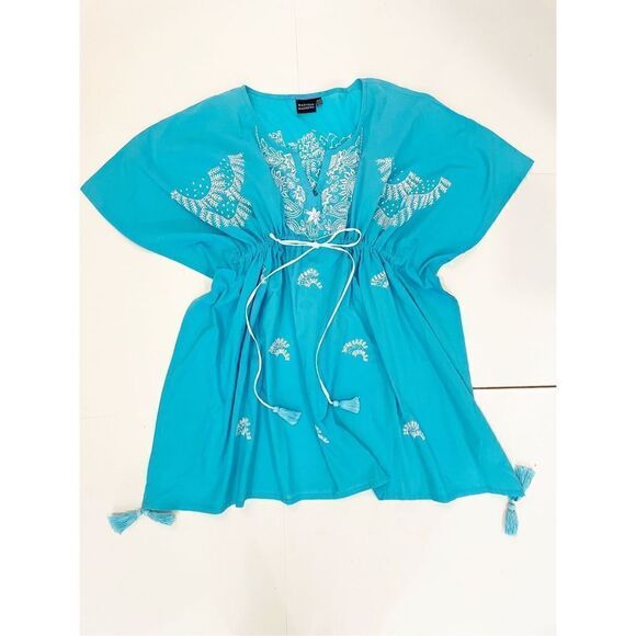 Madison Mathews Beach Cover Up Turquoise Blue 100% cotton One Size - Picture 1 of 6